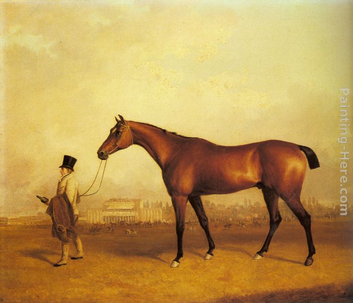 Emlius, Winter of the 1832 Derby, held by a Groom at Doncaster painting - John Ferneley Snr Emlius, Winter of the 1832 Derby, held by a Groom at Doncaster art painting